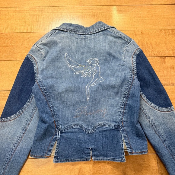 Pricxy Vintage Y2K Fairy Rhinestone Denim Jacket XL Blue Panelled Cropped Blazer - Picture 6 of 9